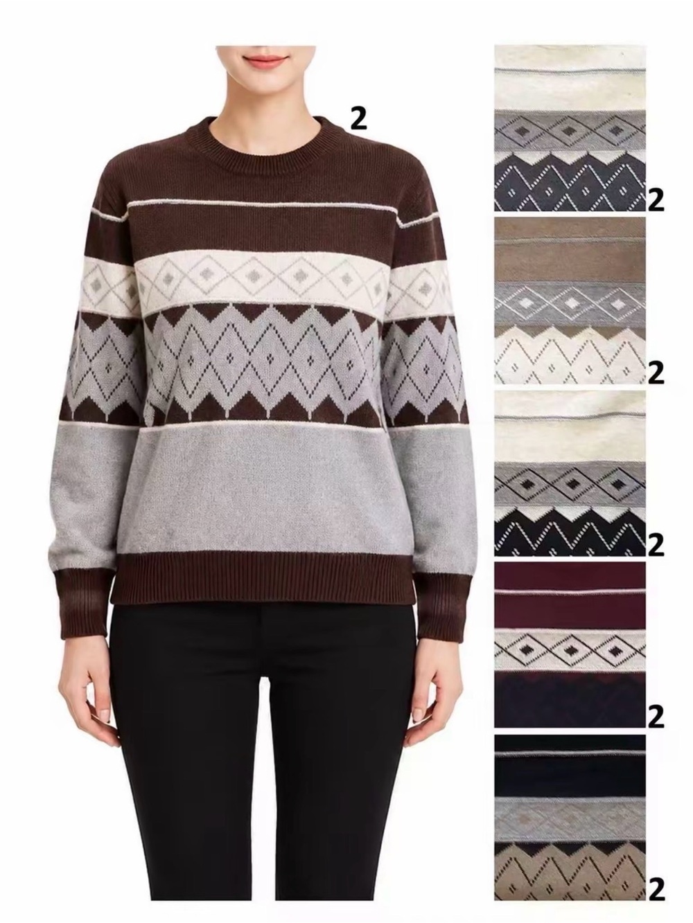 NY Collection Fair Isle Crewneck Sweater - Brown, Gray & Cream